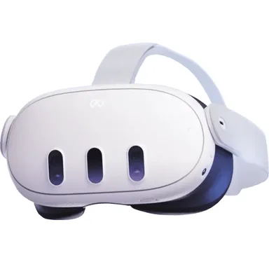 흰색 스탠드얼론 VR 헤드셋 본체를 비스듬히 찍은 제품 사진