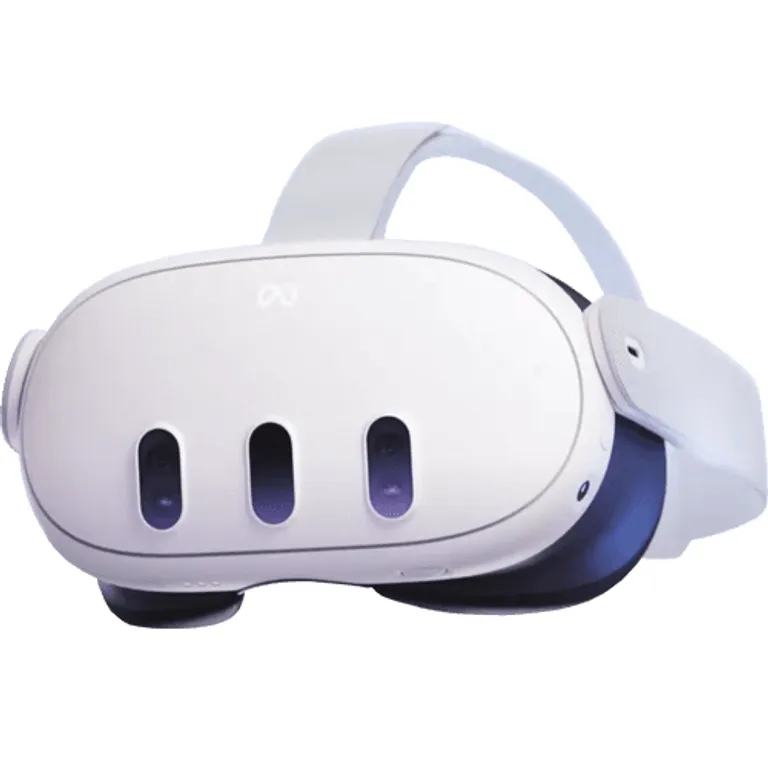 흰색 스탠드얼론 VR 헤드셋 본체를 비스듬히 찍은 제품 사진