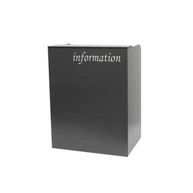 검정 무늬목 마감 안내데스크, 전면에 흰색 information 글자가 있는 상자형 카운터