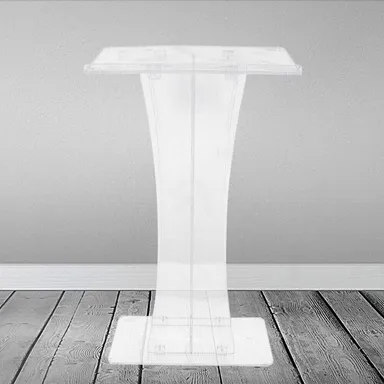 경사 상판과 장구형 곡선 기둥을 가진 투명 아크릴 연설대
